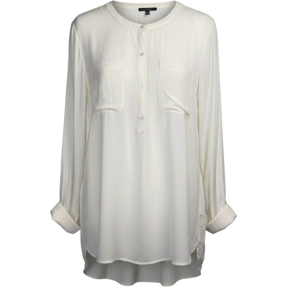 Chaus Womens Button Front Shirt Ivory Long Sleeve Round Collar Dual Pocket XL